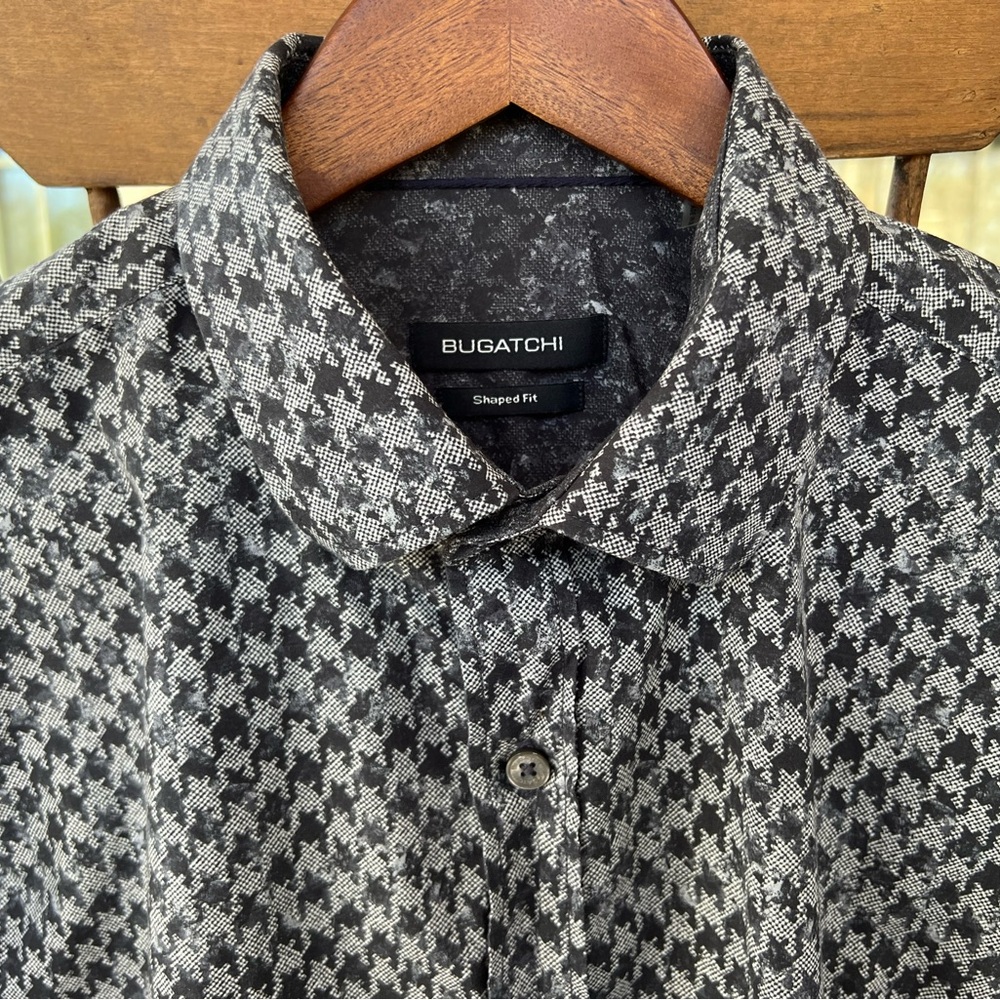 Bugatchi Shaped Fit Shirt Houndstooth Long Sleeve Button Down Large Black Gray - Picture 14 of 16